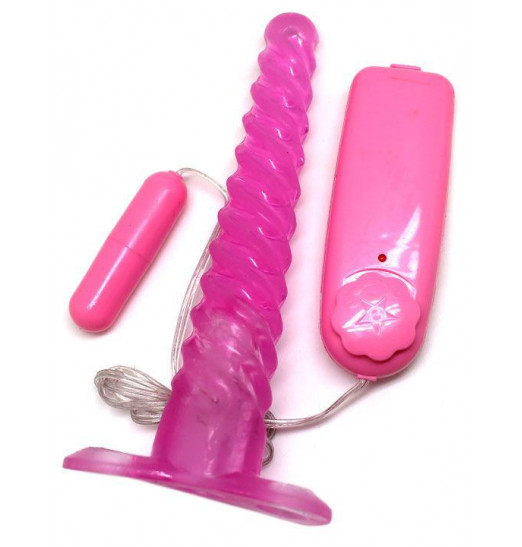Розовый спиралевидный анальный конус с вибратором - 16 см.