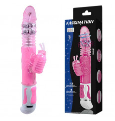 Розовый вибратор с вращением бусин и клиторальной бабочкой - 30 см.