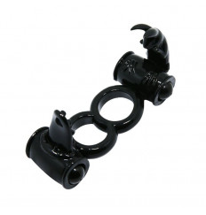 Чёрное двойное эрекционное кольцо с 2 виброэлементами