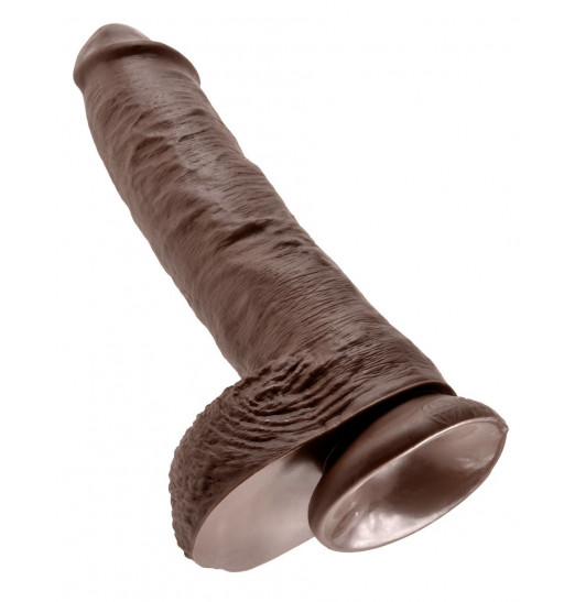 Большой коричневый фаллоимитатор с мошонкой 10  Cock with Balls на присоске - 25,4 см.