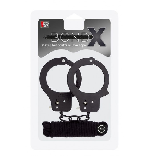 Чёрные наручники из листового металла в комплекте с веревкой BONDX METAL CUFFS LOVE ROPE SET Чёрные наручники из листового металла в комплекте с веревкой BONDX METAL CUFFS LOVE ROPE SET