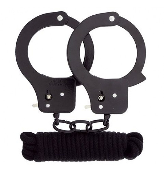 Чёрные наручники из листового металла в комплекте с веревкой BONDX METAL CUFFS LOVE ROPE SET