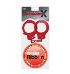 Набор для фиксации BONDX METAL CUFFS AND RIBBON: красные наручники из листового материала и липкая лента
