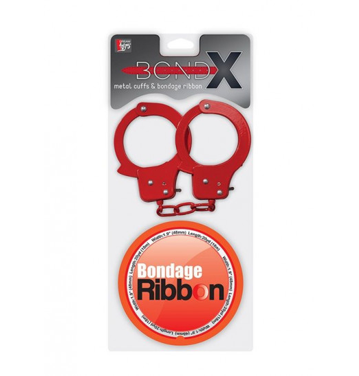 Набор для фиксации BONDX METAL CUFFS AND RIBBON: красные наручники из листового материала и липкая лента