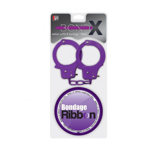 Набор для фиксации BONDX METAL CUFFS AND RIBBON: фиолетовые наручники из листового материала и липкая лента