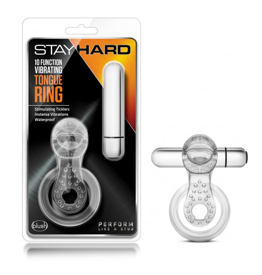 Прозрачное эрекционное кольцо с подхватом, вибропулей и язычком 10 Function Vibrating Tongue Ring