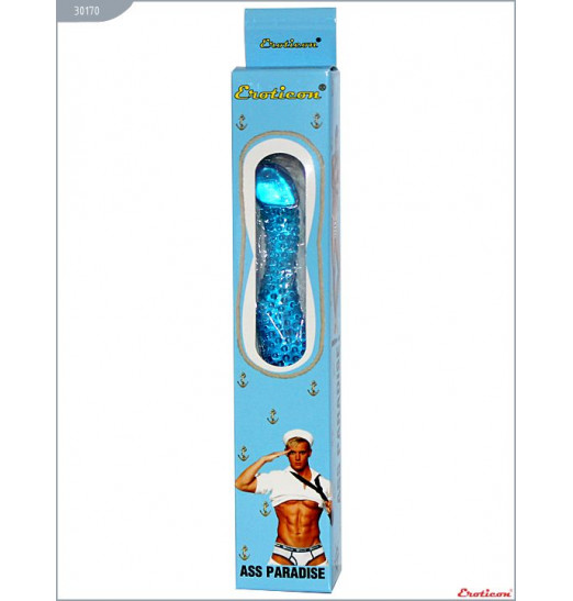 Синий гелевый анальный вибратор с пупырышками - 22 см.