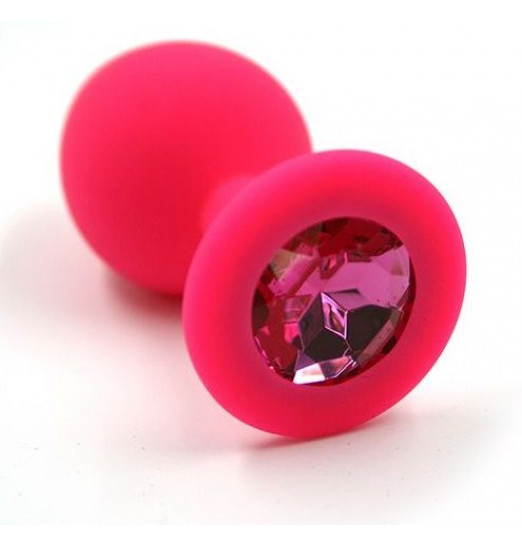 Розовая силиконовая анальная пробка с тёмно-розовым кристаллом - 7 см. Розовая силиконовая анальная пробка с тёмно-розовым кристаллом - 7 см.