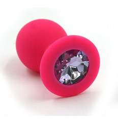 Розовая силиконовая анальная пробка с светло-фиолетовым кристаллом - 7 см.
