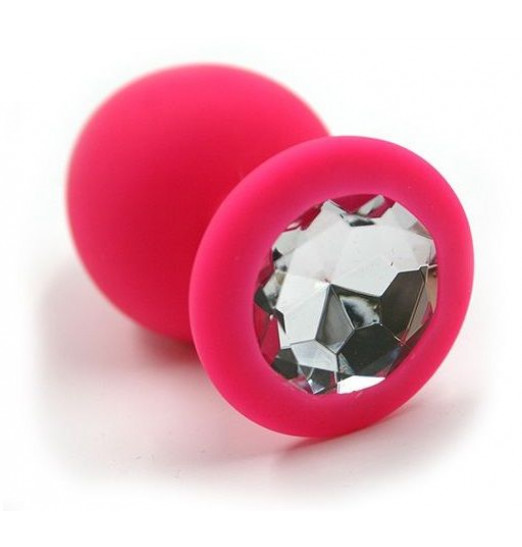 Розовая силиконовая анальная пробка с прозрачным кристаллом - 7 см.