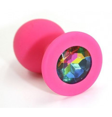 Розовая силиконовая анальная пробка с радужным кристаллом - 7 см.