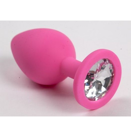 Розовая силиконовая анальная пробочка с прозрачным кристаллом - 7 см.