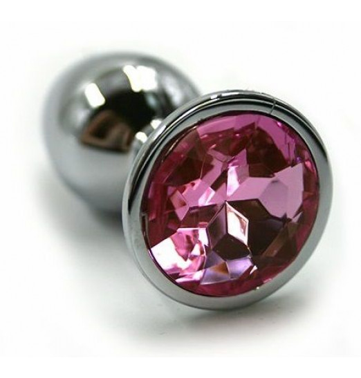 Серебристая алюминиевая анальная пробка с светло-розовым кристаллом - 6 см.