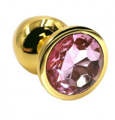 Золотистая алюминиевая анальная пробка с светло-розовым кристаллом - 6 см.