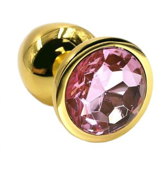 Золотистая алюминиевая анальная пробка с светло-розовым кристаллом - 6 см.