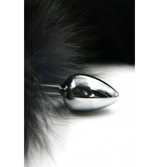 Серебристая анальная пробка с чёрно-голубым хвостом из натурального меха