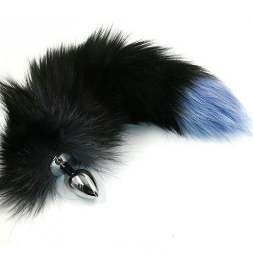 Серебристая анальная пробка с чёрно-голубым хвостом из натурального меха