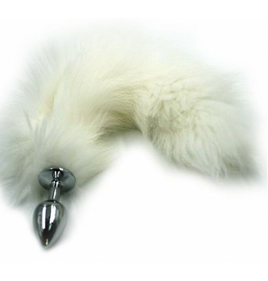 Серебристая алюминиевая анальная пробка с белым хвостом из натурального меха