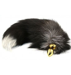 Золотистая алюминиевая анальная пробка с чёрно-белым хвостом из натурального меха