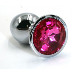 Серебристая алюминиевая анальная пробка с ярко-розовым кристаллом - 7 см.