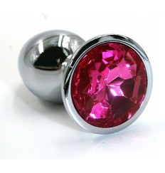Серебристая алюминиевая анальная пробка с ярко-розовым кристаллом - 6 см.