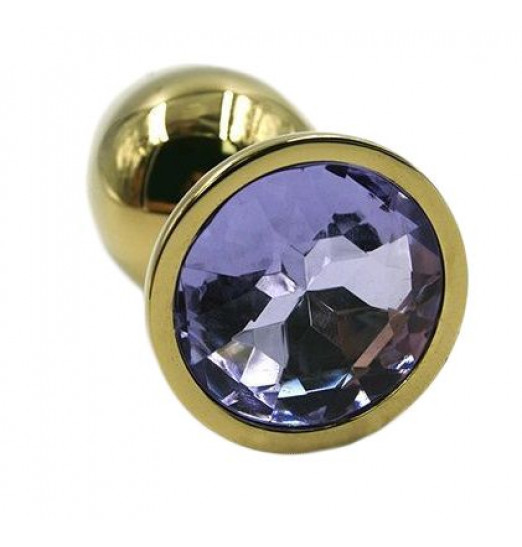 Золотистая алюминиевая анальная пробка с светло-фиолетовым кристаллом - 6 см.