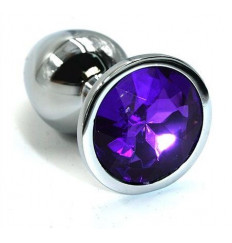 Серебристая алюминиевая анальная пробка с темно-фиолетовым кристаллом - 7 см.