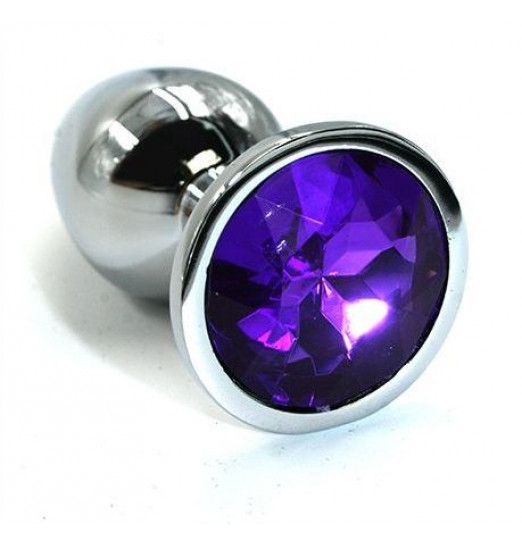 Серебристая алюминиевая анальная пробка с темно-фиолетовым кристаллом - 6 см.