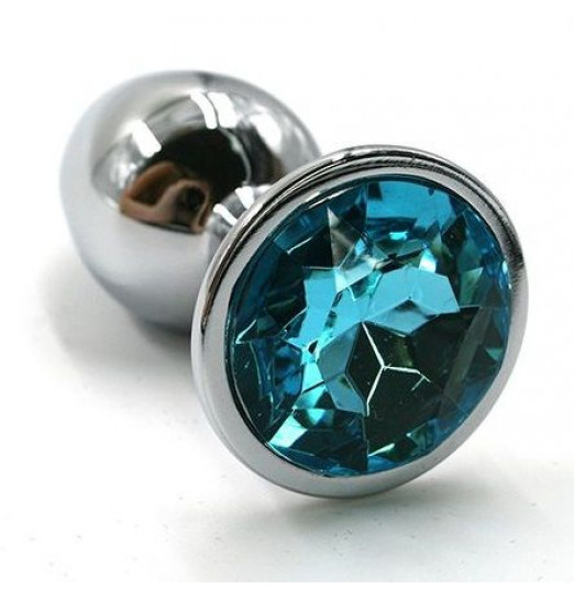 Серебристая алюминиевая анальная пробка с голубым кристаллом - 7 см.