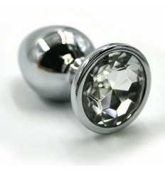 Серебристая алюминиевая анальная пробка с прозрачным кристаллом - 6 см.