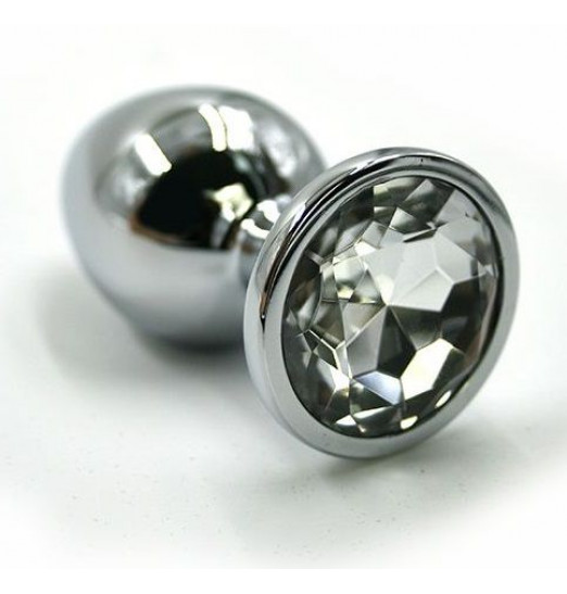 Серебристая алюминиевая анальная пробка с прозрачным кристаллом - 6 см.