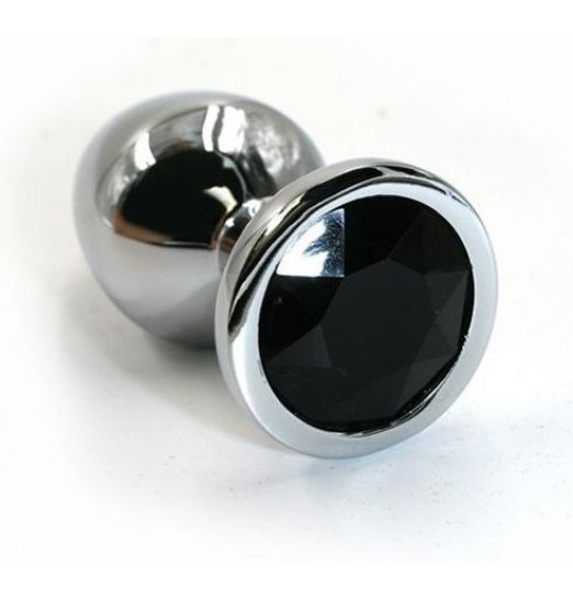Серебристая алюминиевая анальная пробка с чёрным кристаллом - 6 см.