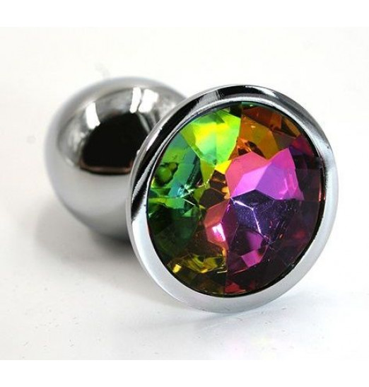 Серебристая алюминиевая анальная пробка с радужным кристаллом - 7 см.