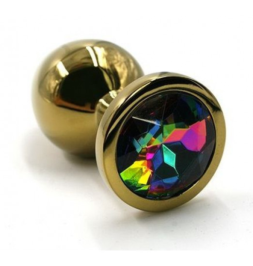 Золотистая алюминиевая анальная пробка с радужным кристаллом - 6 см.