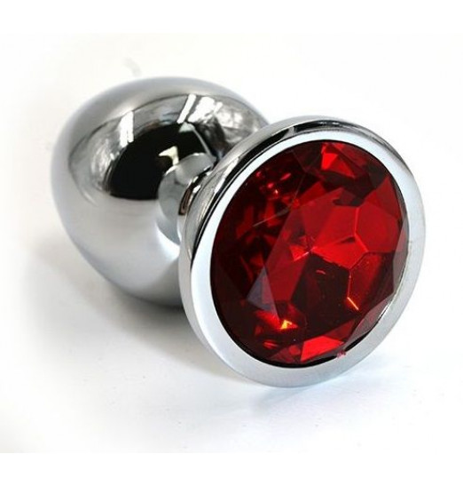 Серебристая алюминиевая анальная пробка с красным кристаллом - 7 см.