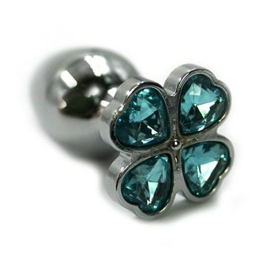 Серебристая анальная пробка с нежно-голубым цветком из кристаллов - 6 см.