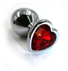 Серебристая анальная пробка с красным кристаллом-сердцем - 8,2 см.