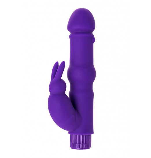 Фиолетовый вибратор с утолщением посередине и клиторальным зайчиком - 18 см.