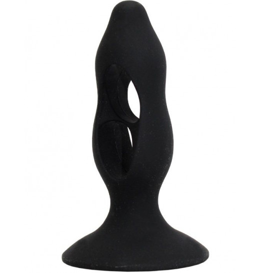 Чёрная анальная пробка с полостями для сжатия и легкого введения - 11 см.