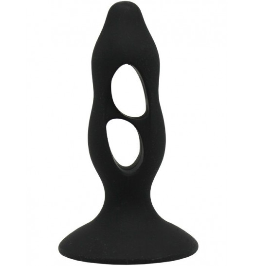 Чёрная анальная пробка с полостями для сжатия и легкого введения - 11 см.