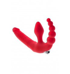 Красный безремневой страпон с вибрацией и анальным отростком
