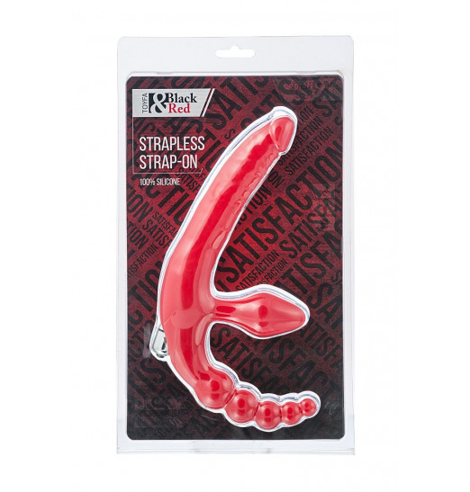 Красный безремневой страпон с вибрацией и анальным отростком