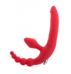Красный безремневой страпон с вибрацией и анальным отростком