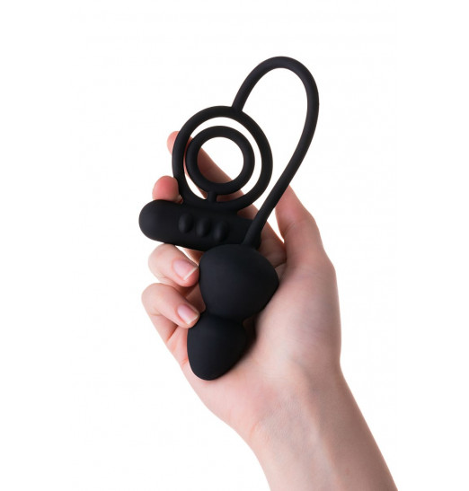 Чёрное эрекционное кольцо с вибростимулятором и анальным хвостом