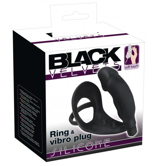 Черное кольцо с анальной вибропробкой Black Velvets