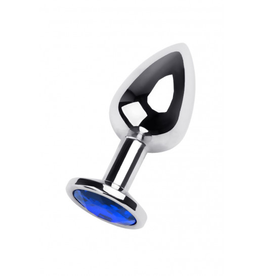 Серебристая анальная втулка с синим кристаллом - 8 см.