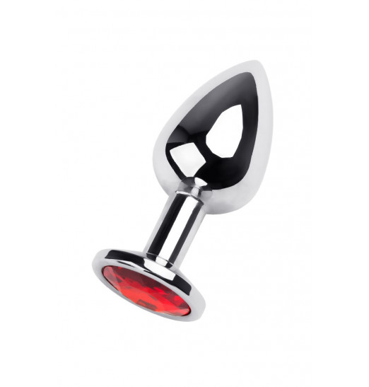 Серебристая анальная втулка с красным кристаллом - 8 см.