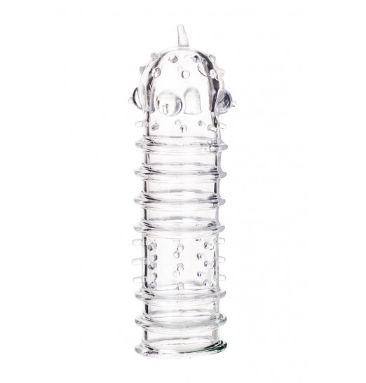 Прозрачная насадка на пенис TOYFA A-Toys с ребрами и точками - 15,3 см.