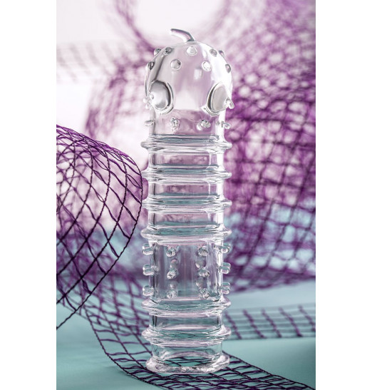 Прозрачная насадка на пенис TOYFA A-Toys с ребрами и точками - 15,3 см.