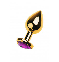 Золотистый анальный плаг с фиолетовым кристаллом-сердцем - 8 см.